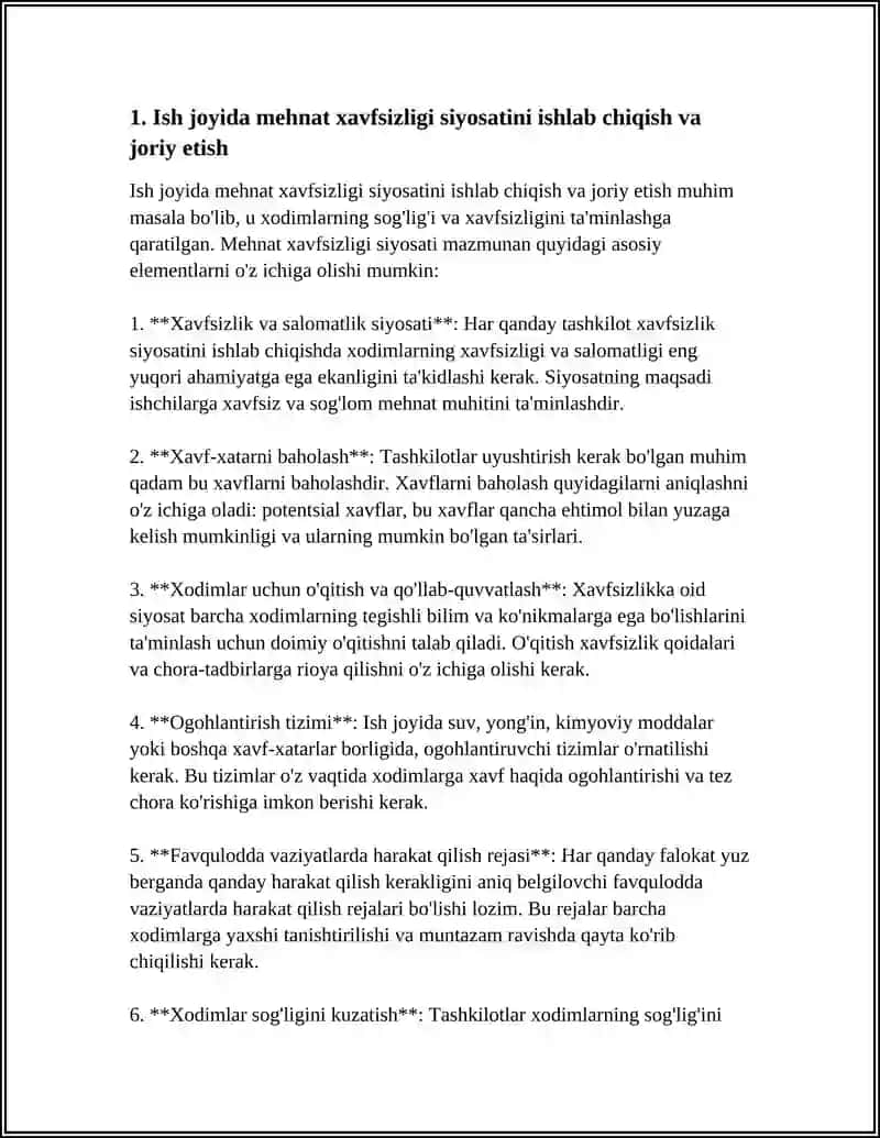 ISH JOYIDA SOGʻLIK VA XAVFSIZLIKNI TA'MINLASH. ISH BERUVCHINING MAJBURIYATLARI 4