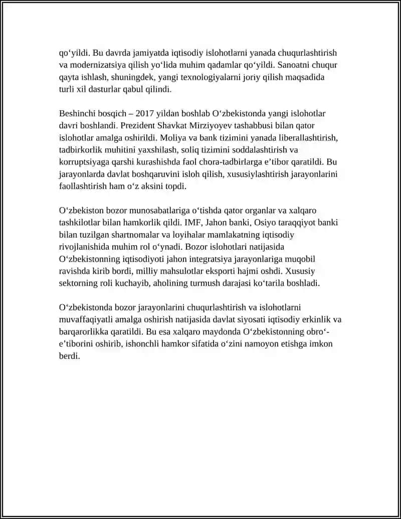 O'ZBEKISTONDA BOZOR MUNOSABATLARINING SHAKLLANTIRILISHI VA TARAQQIYOT BOSQICHLARI 4
