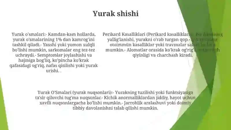 Perikard Kasalliklari. Yurak O'Smalari.Yurak Transplantatsiyasi 4