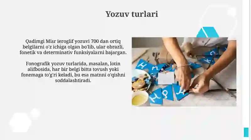 Til va yozuv, ularning paydo bo‘lishi haqidagi farazlar va ularning (piktografik, piktogramma, ideografik-logografik, ieroglifik, fonografik, sillabik yozuv, stenografiya, transkripsiya) shakllari 4