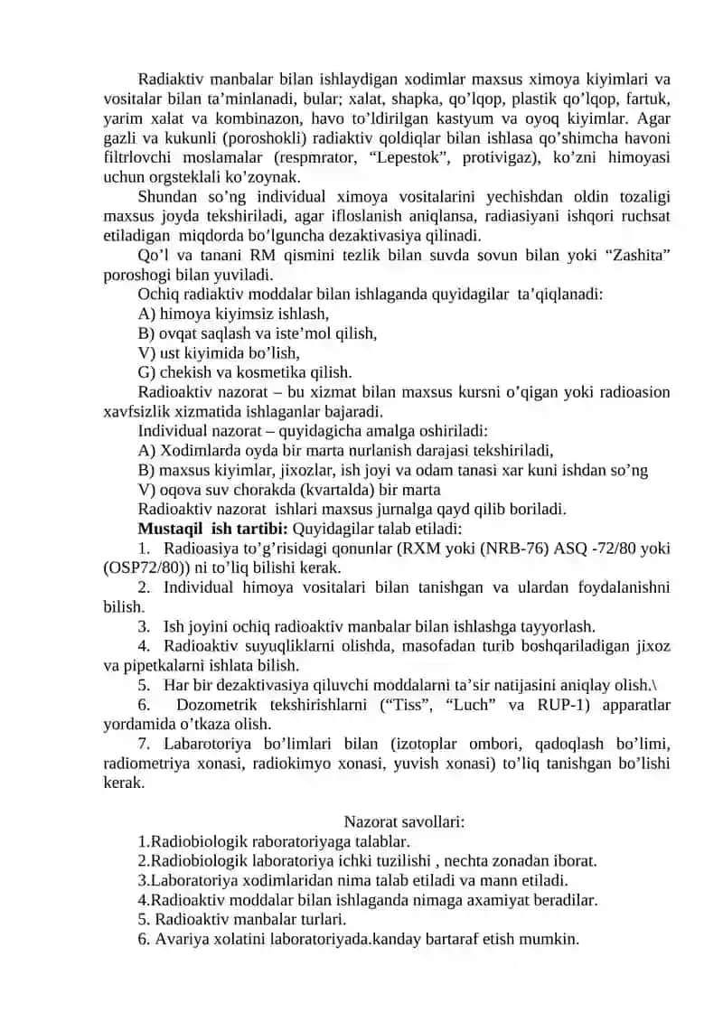 RADIOBILOGI MODDALAR BILAN ISHLAGANDA RADIOAKTIV XAVSIZLIK ASOSLARI 4