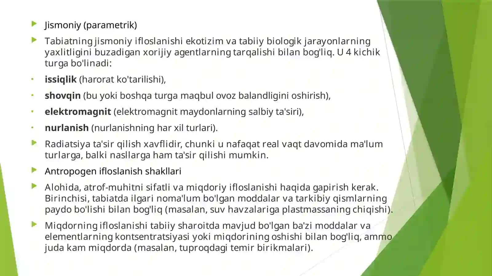 EkologiyaAntropogen ifloslanishning tasnifi va turlari va inson faoliyati atrof-muhitga ta'sirining asosiy oqibatlari 4