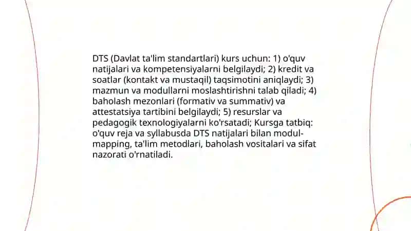 Sillabus. DTS talablari. Fan dasturi. Oʻquv reja 4