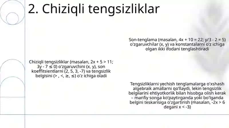 O'zgaruvchi qatnashgan ifoda. Sonli tenglik, tengsizlik va uni yechishga o‘rgatish metodikasi 4
