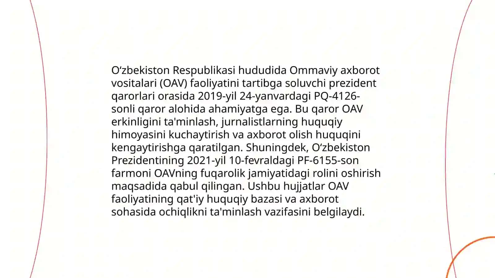 OAV sohasidagi davlat siyosati va Prezident farmonlari 4