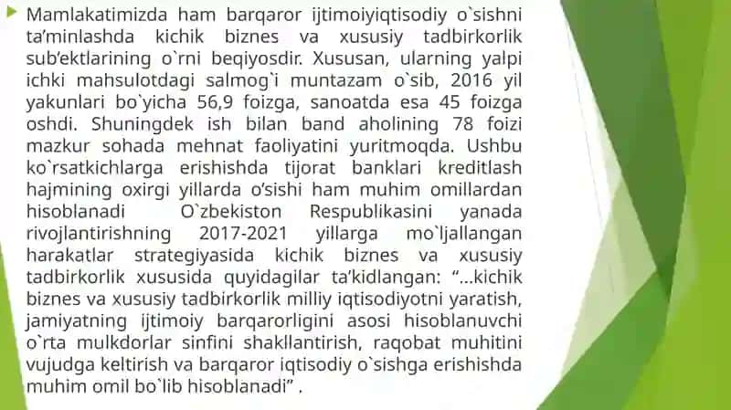 KICHIK BIZNES VA XUSUSIY TADBIRKORLIKNING MAMLAKATIMIZ IQTISODIYOTIDAGI O`RNI 4