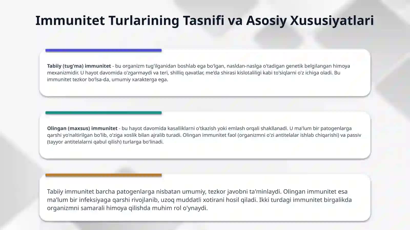 Immunitet haqida tushuncha. Immunitet turlari. Immun a'zolari. Organizmning maxsus va nomaxsus himoya omillari, ularning ahamiyati 4
