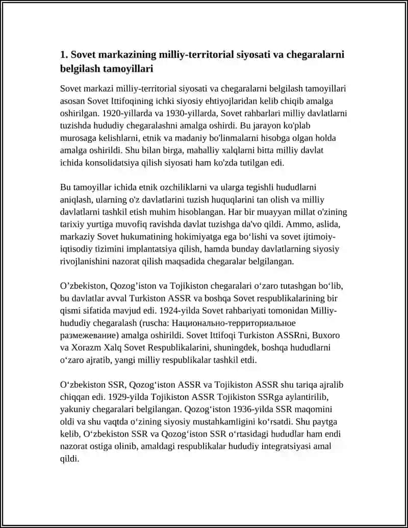 SOVETLAR DAVRIDA O’ZBEKISTON, QOZOG’ISTON, VA TOJIKISTON, CHEGARALARINI O’ZGARISHI 4