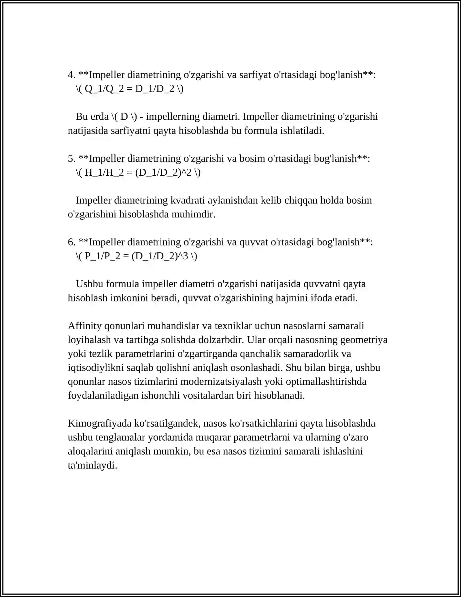 Nasos ko'rsatkichlarini qayta hisoblash formulalari 4