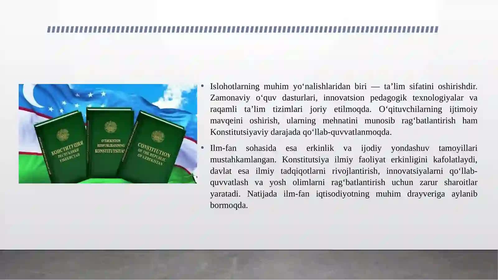 KONSTITUTSIYADA TA’LIM VA ILM-FAN SOHASIDAGI ISLOHOTLAR 4
