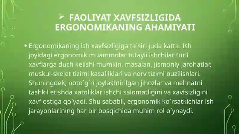 Faoliyat xavfsizligini ta`minlashning ergonomik ko`rsatkichlarini tahlil qilish 4