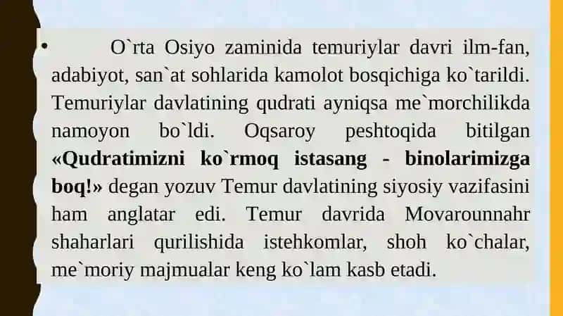 Temuriylar hukmronligi davrida Ijtimoiy-siyosiy, iqtisodiy va madaniy hayot. 4