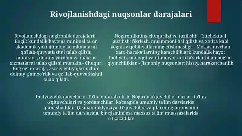 Alohida Yordamga Muhtoj Bolalarda Rivojlanishdagi Nuqsonining Chuqurligi Va Tuzilishi Qarab Inklyuziya Modellarini Tanlash 4