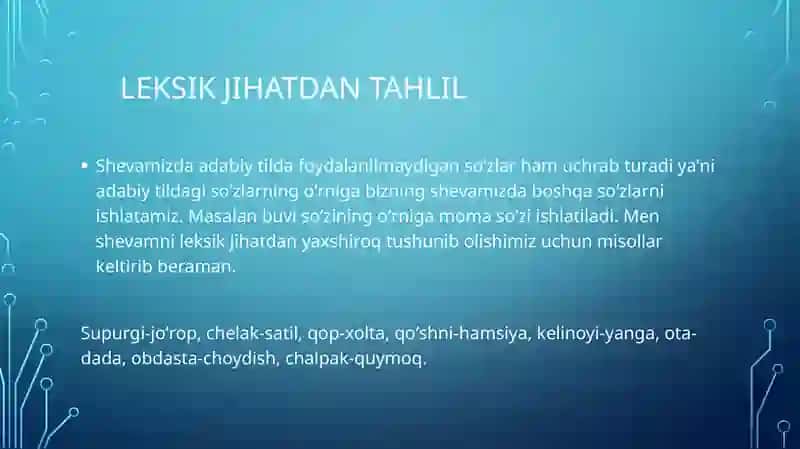 Buxoro viloyati Qorakoʻl tumanidagi Yangi zamon mahallasi oʻgʻuz shevasi haqida 4