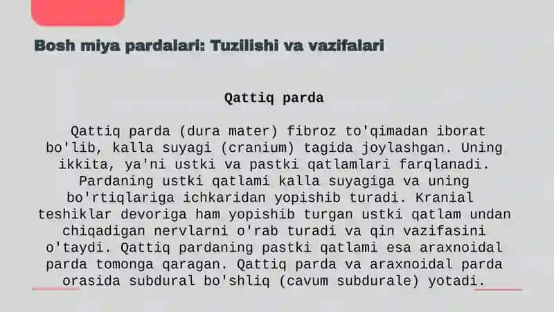 bosh miya pardalarining vena bo'shliqlari va sisternalari.Likvor suyuqligi 4