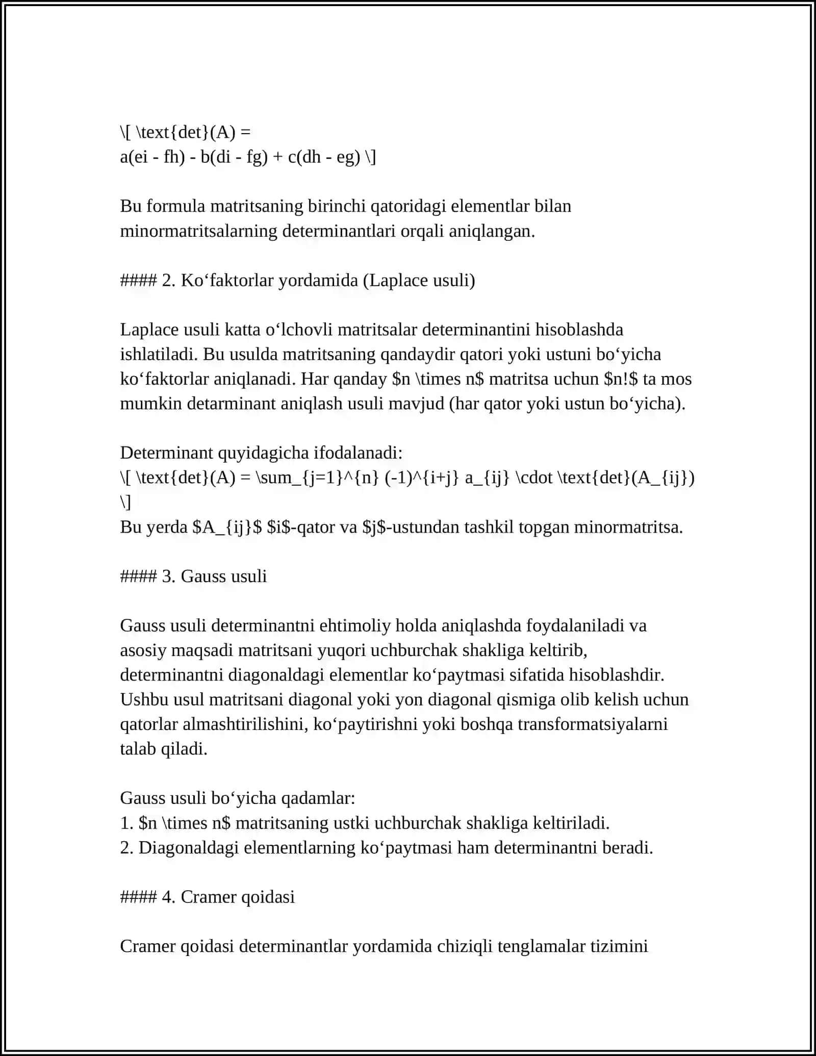DETERMINANTLARNI VA TESKARI MATRITSANI HISOBLASHGA DOIR MISOLLAR YECHISH 4