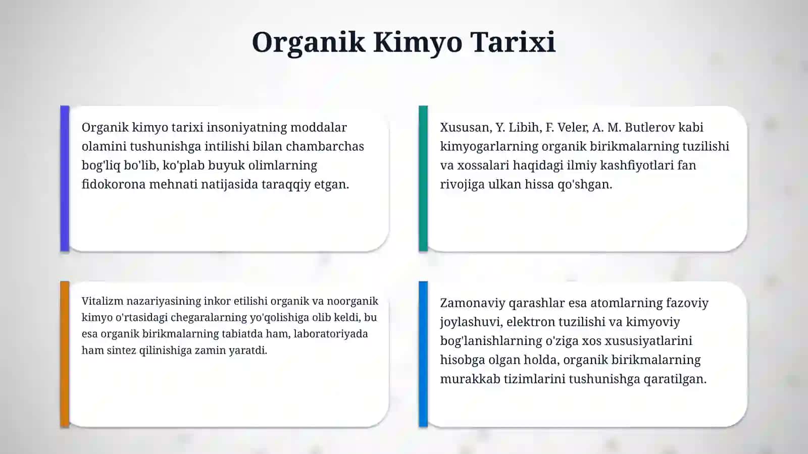 Organik kimyo tarixi. Organik birikmalarning o‘ziga xos xususiyati 4