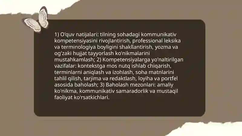 Òzbek tilining sohada qo'llanilishi fanini òqitishning maqsad va vazifalari 4
