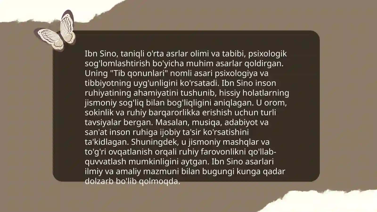 Psixoterapevtik davolash usullari Abu Ali ibn Sinoning psixoterapevtik usul bilan davolash borasidagi fikrlari 4