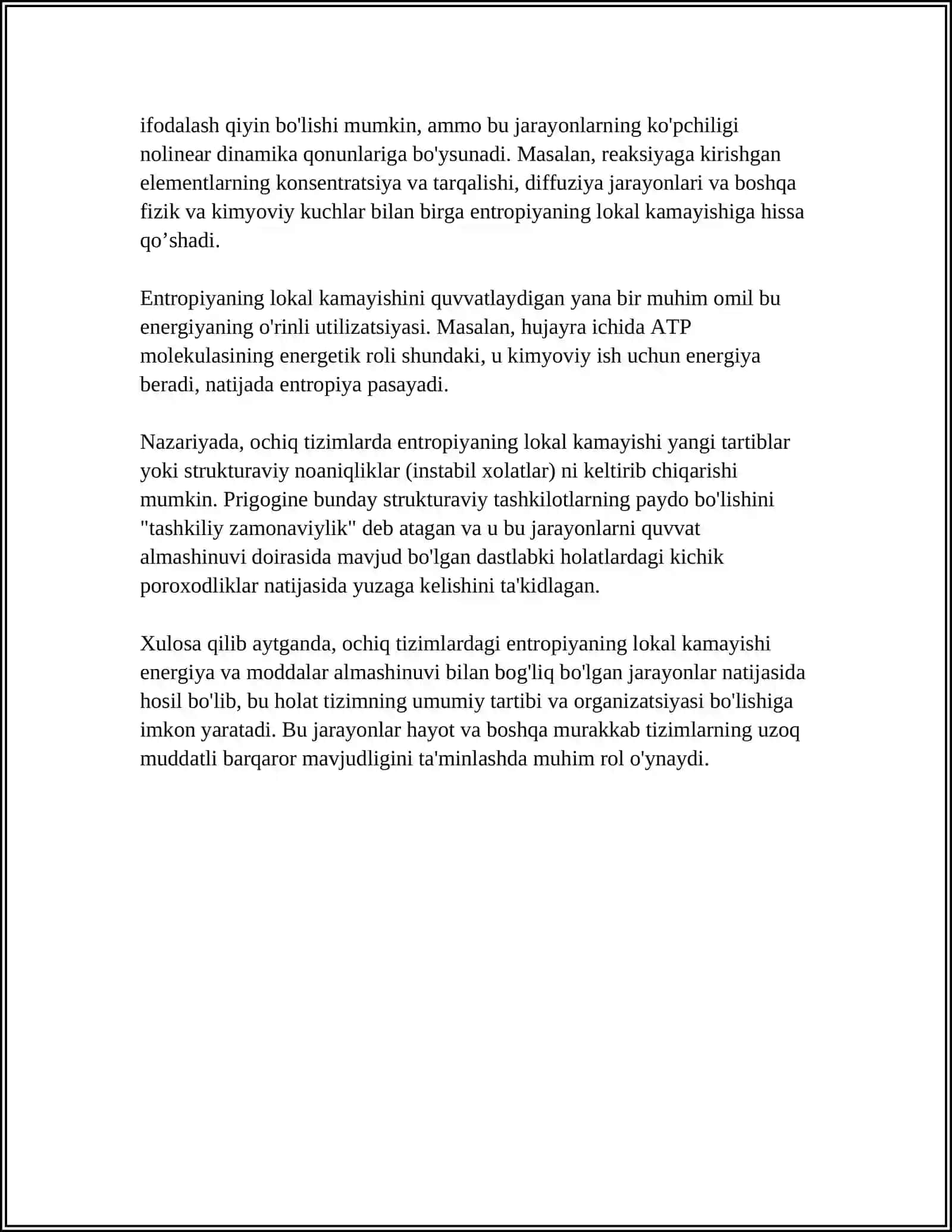 Ochiq tizimlarda entropiyaning lokal kamayishi dissipativ strukturalar 4