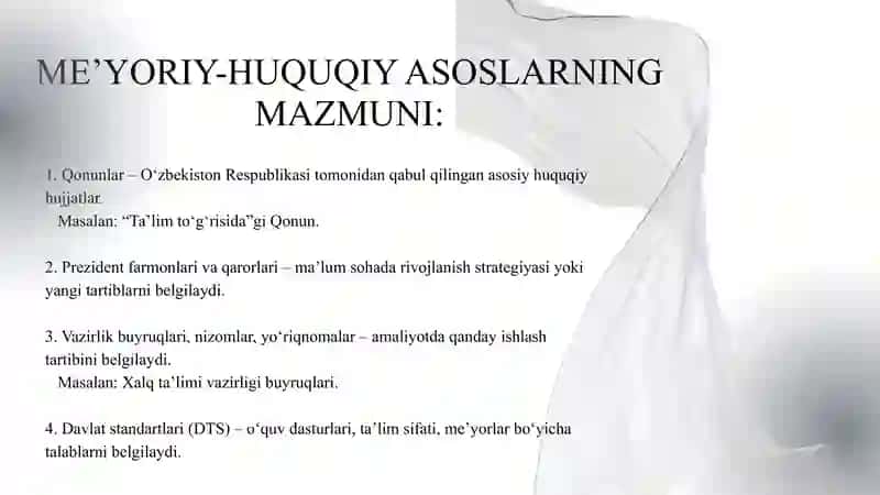 O'rta umumta'lim maktablarda darslarni tashkil etishning miyoriy huquqiy asoslari. Mavzusida taqdimot 4