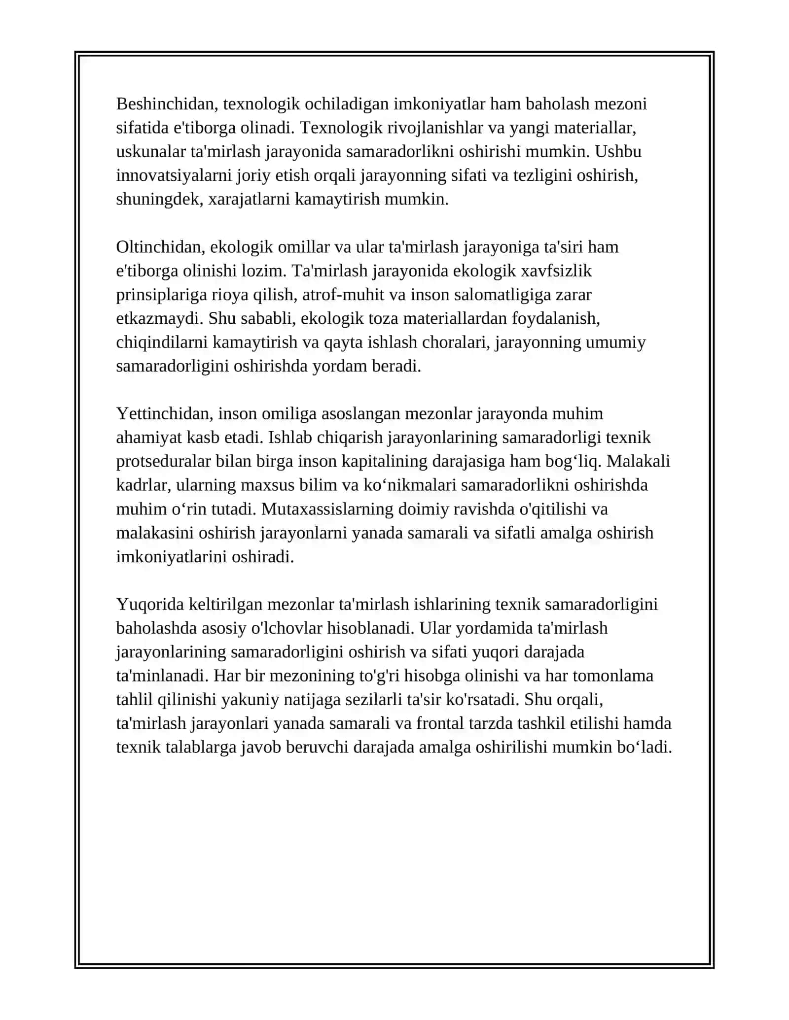 TAMIRLASH ISHLARINING TEXNIK SAMARADORLIGINI BAHOLASH 4