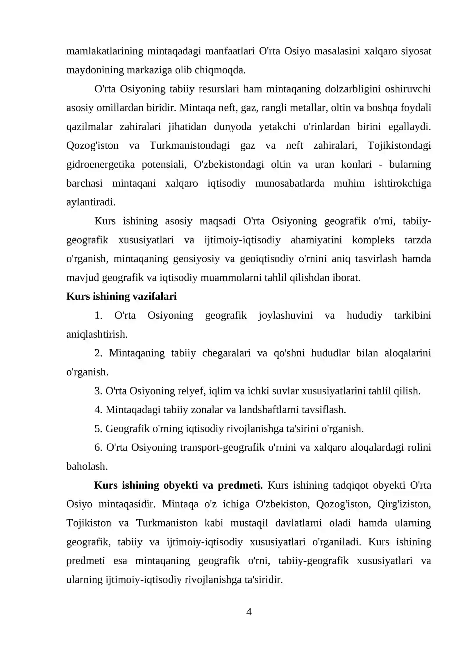 О`rtа Оsiуоning Gеоgrаfik о`rin xususiуаtlаri mavzusida kurs ishi wordda 4