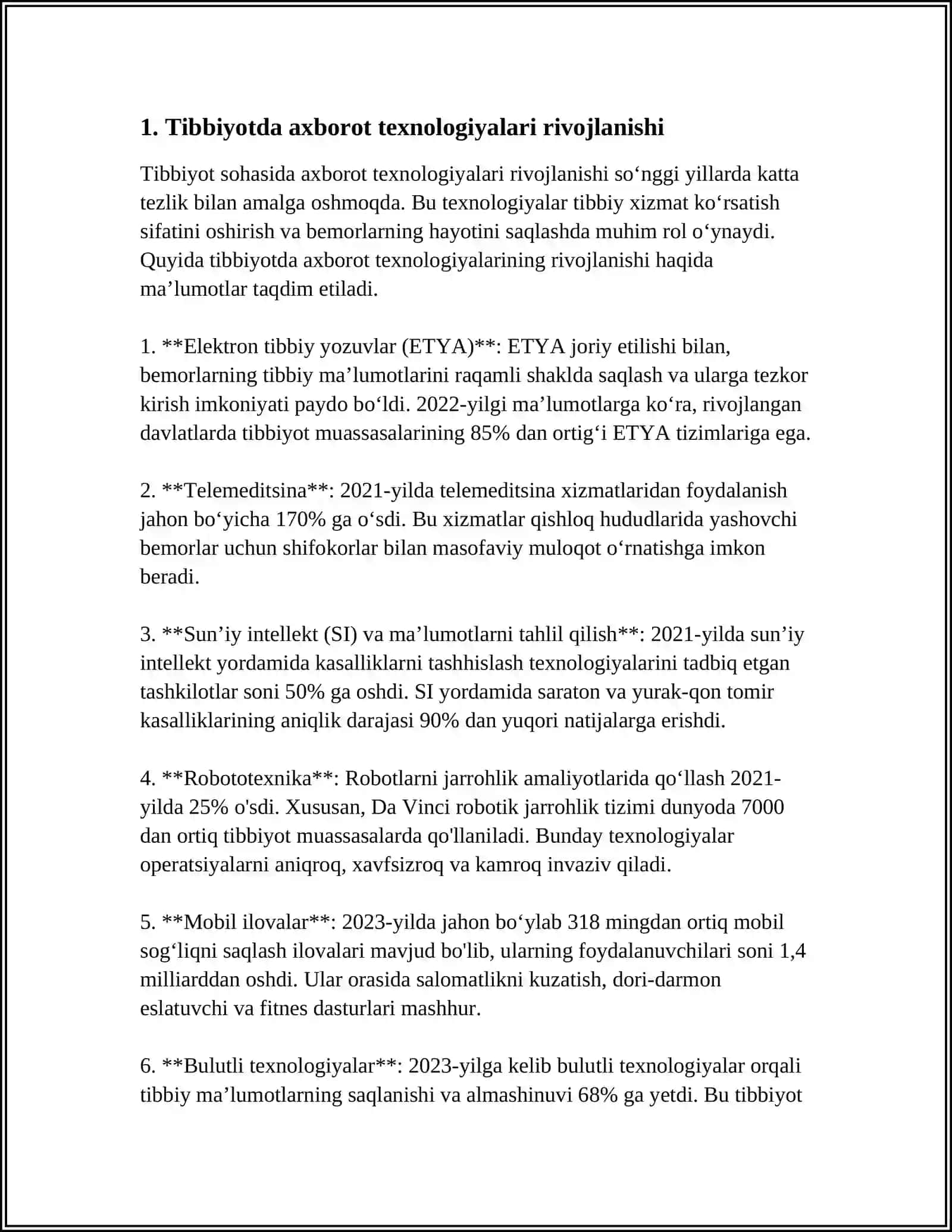 ZAMONAVIY AXBOROT TEXNOLOGIYALARIDAN BUGUNGI KUNDA FOYDALANISH DARAJASI ULARNI TIBBIYOTNING TURLI SOXALARIDA MALUMOTLAR TOPLASHDA DIAGNOSTIKA VA DAVOLASHDA TUTGAN OʻRNI 4
