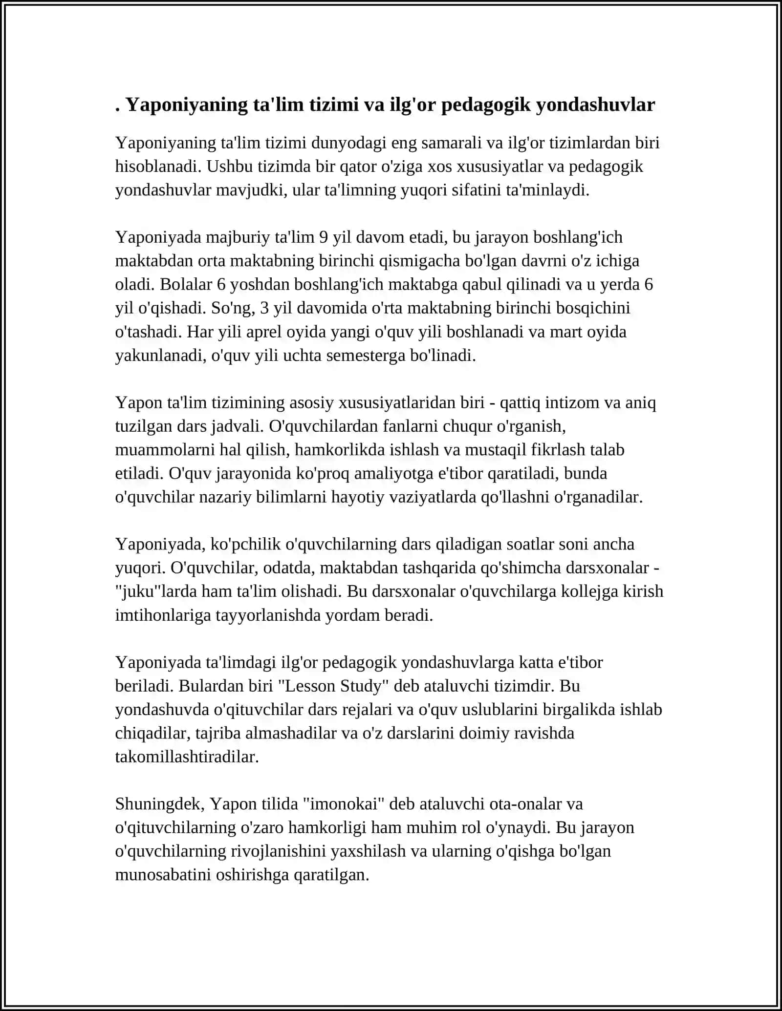 "YAPONIYA” MAVZUSINI OQITISHDA ILGOR PEDAGOGIK TEXNOLOGIYALARDAN FOYDALANISH 4