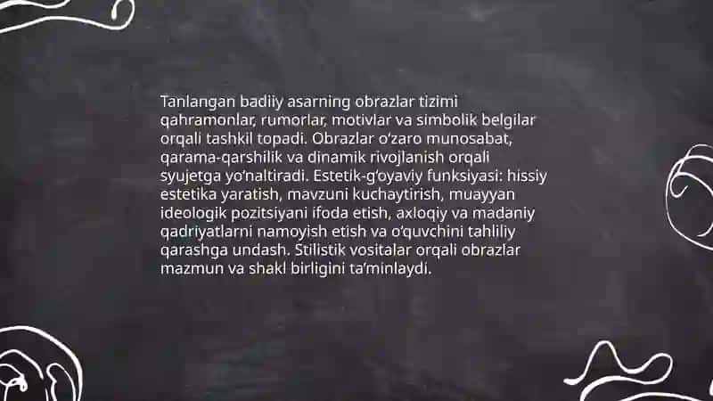 Tanlangan badiiy asarlarni estetik-g‘oyaviy jihatdan tahlil qilish 4