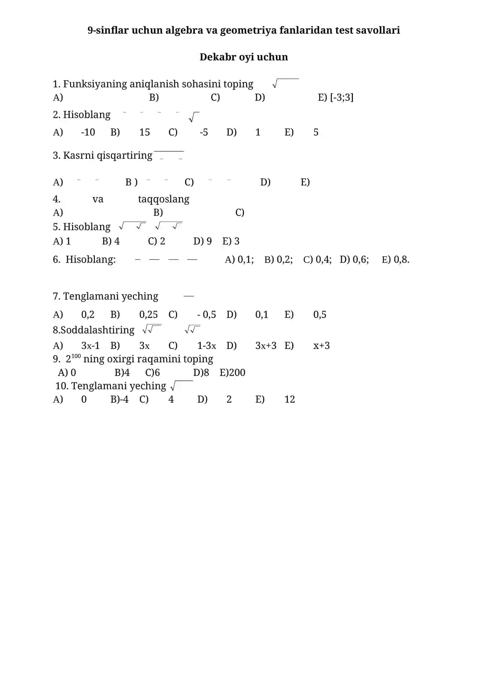 9-sinflar uchun algebra va geometriya fanlaridan test savollari 4