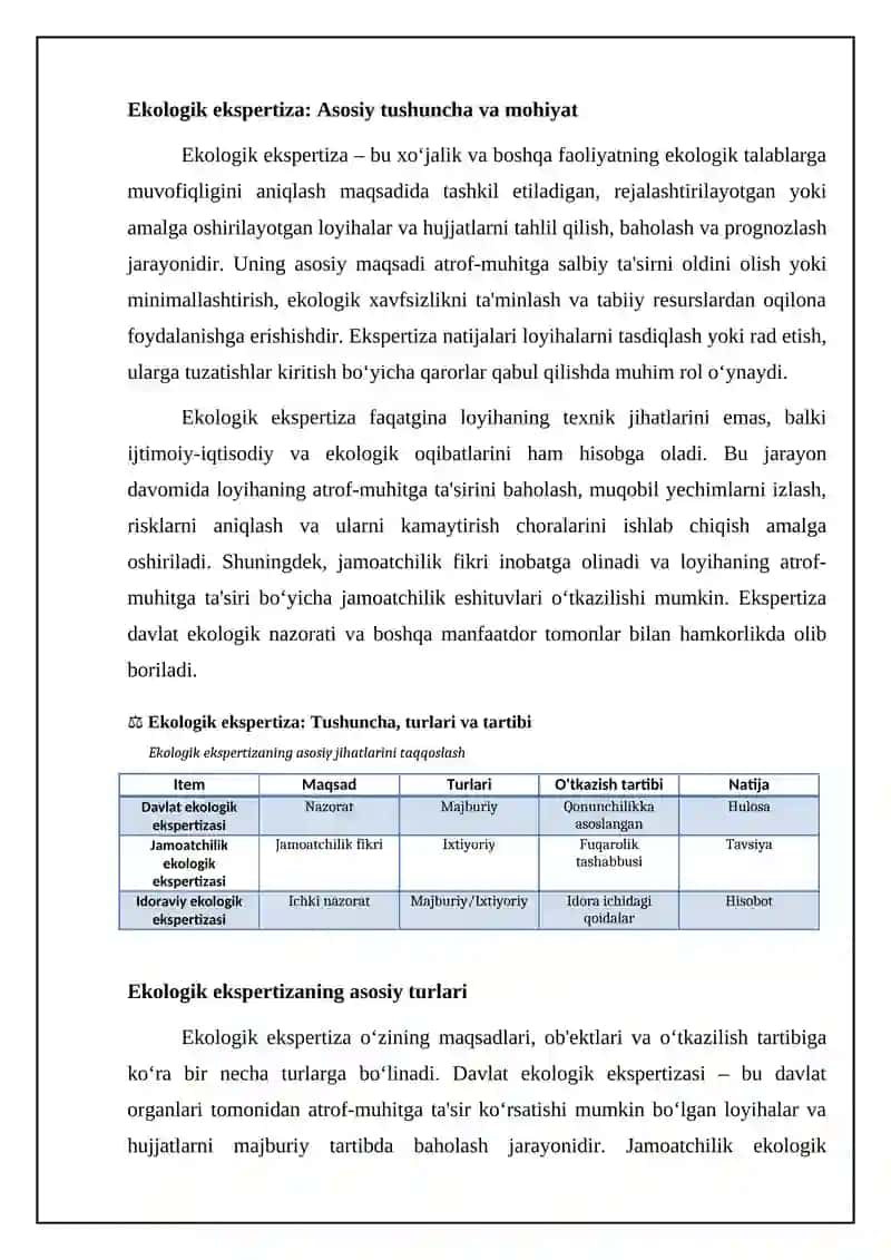 Ekologik ekspertiza tushunchasi, turlari va o'tkazish tartibi 4