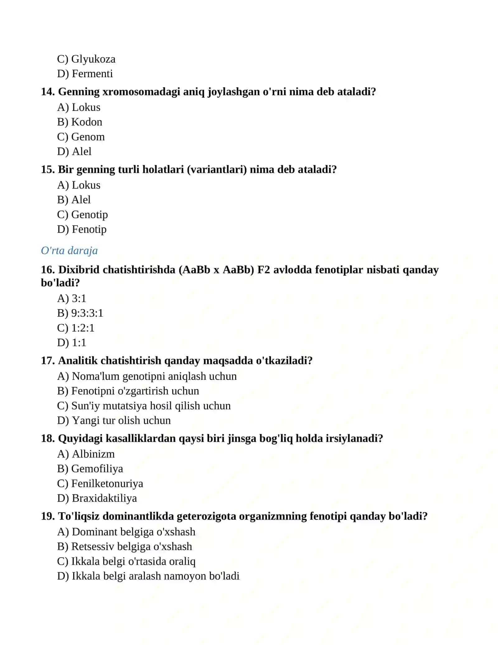 11-sinf Biologiya fanidan mavzulashtirilgan 150 ta variantli test savollari javoblari bilan 4