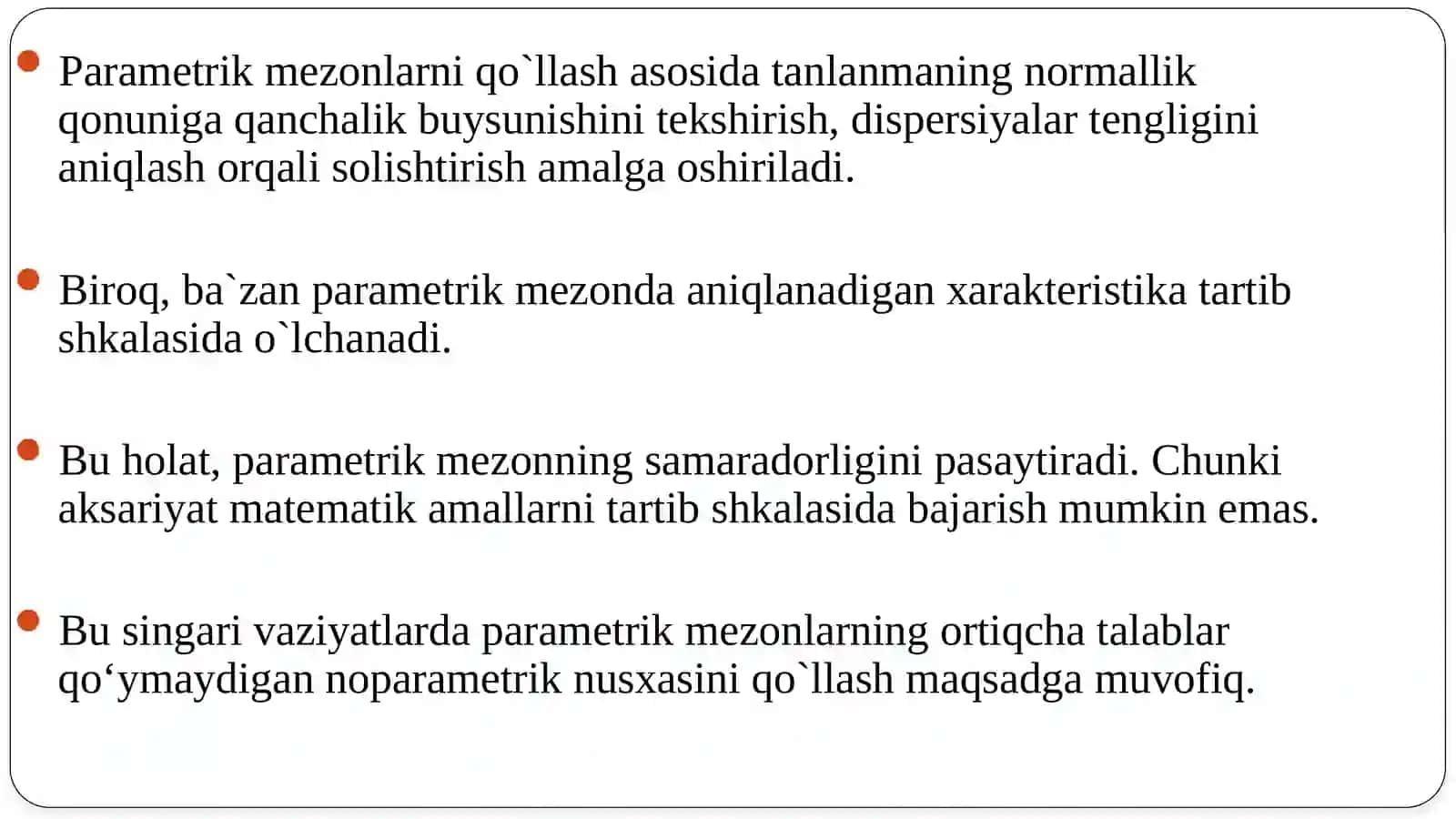 O'zarobog'liq bo'lmagangi tanlanmani taqqoslash uchun styudent mezoni 4