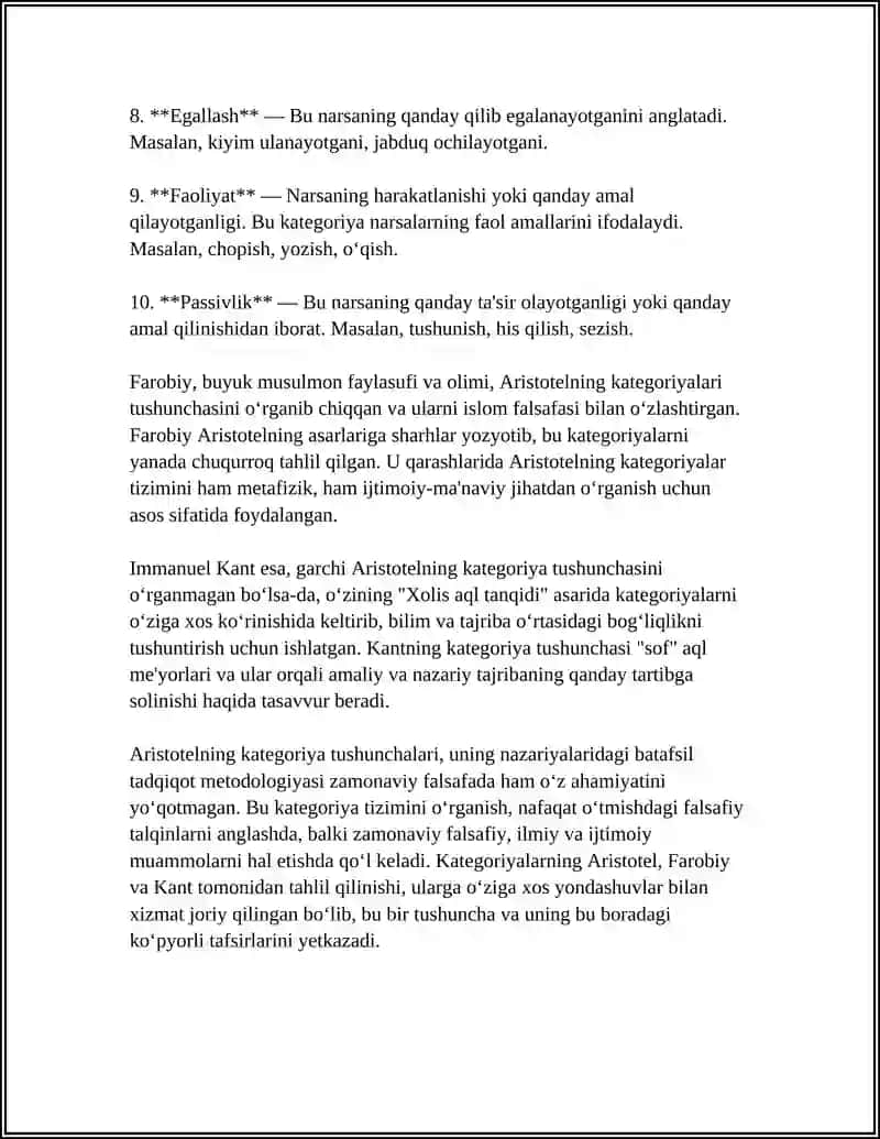MUSTAQIL ISH Mavzu: ARISTOTEL, FAROBIY KANT ONTOLOGIYASIDA KATEGORIYALAR TASNIFI 4