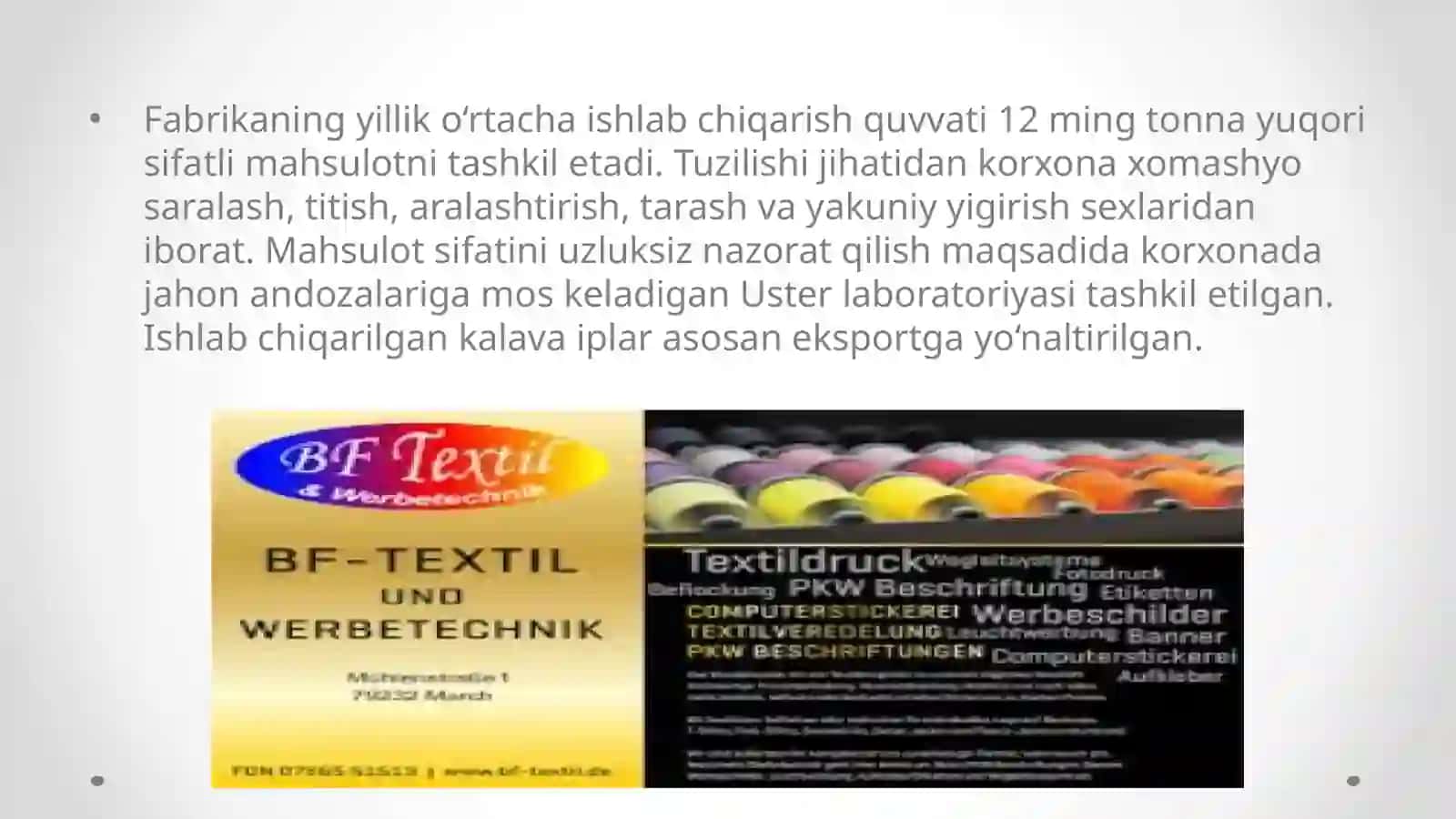 «BF textil» korxonasinimg ip yigirish texnika va texnologiyasi qiyosiy tahlili 4
