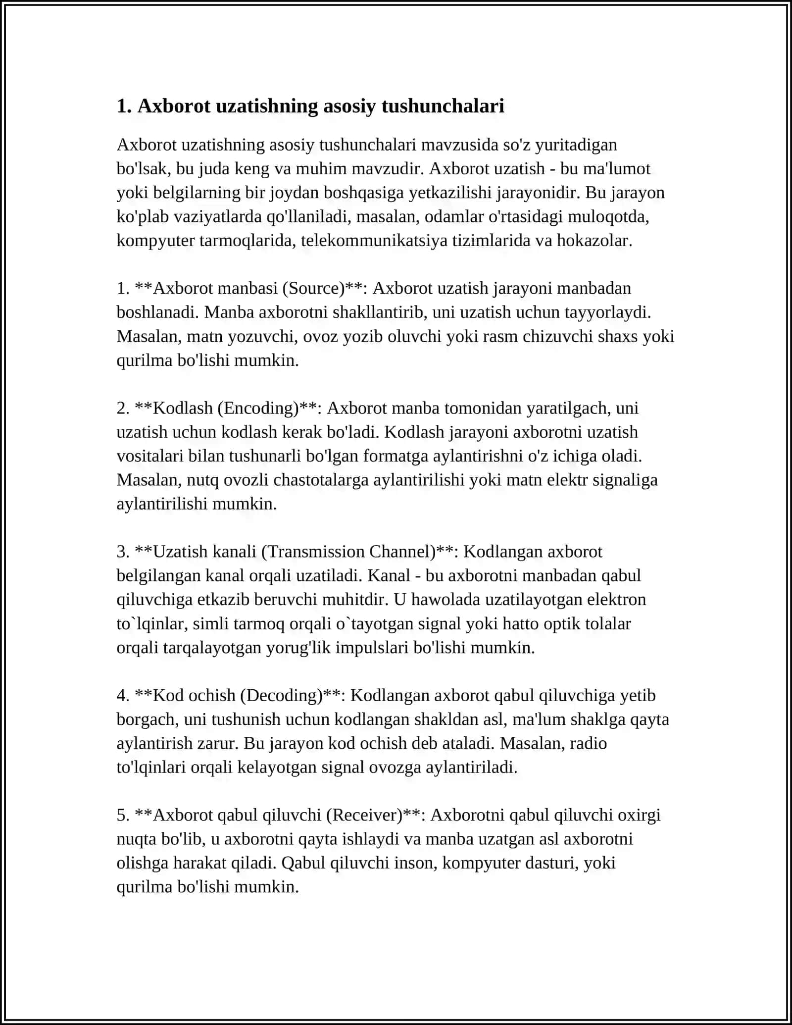 AXBOROTNI UZATISH. ALOQA TARMOGʻI ORQALI AXBOROTNI UZATISHNING UMUMIY SXEMASI 4