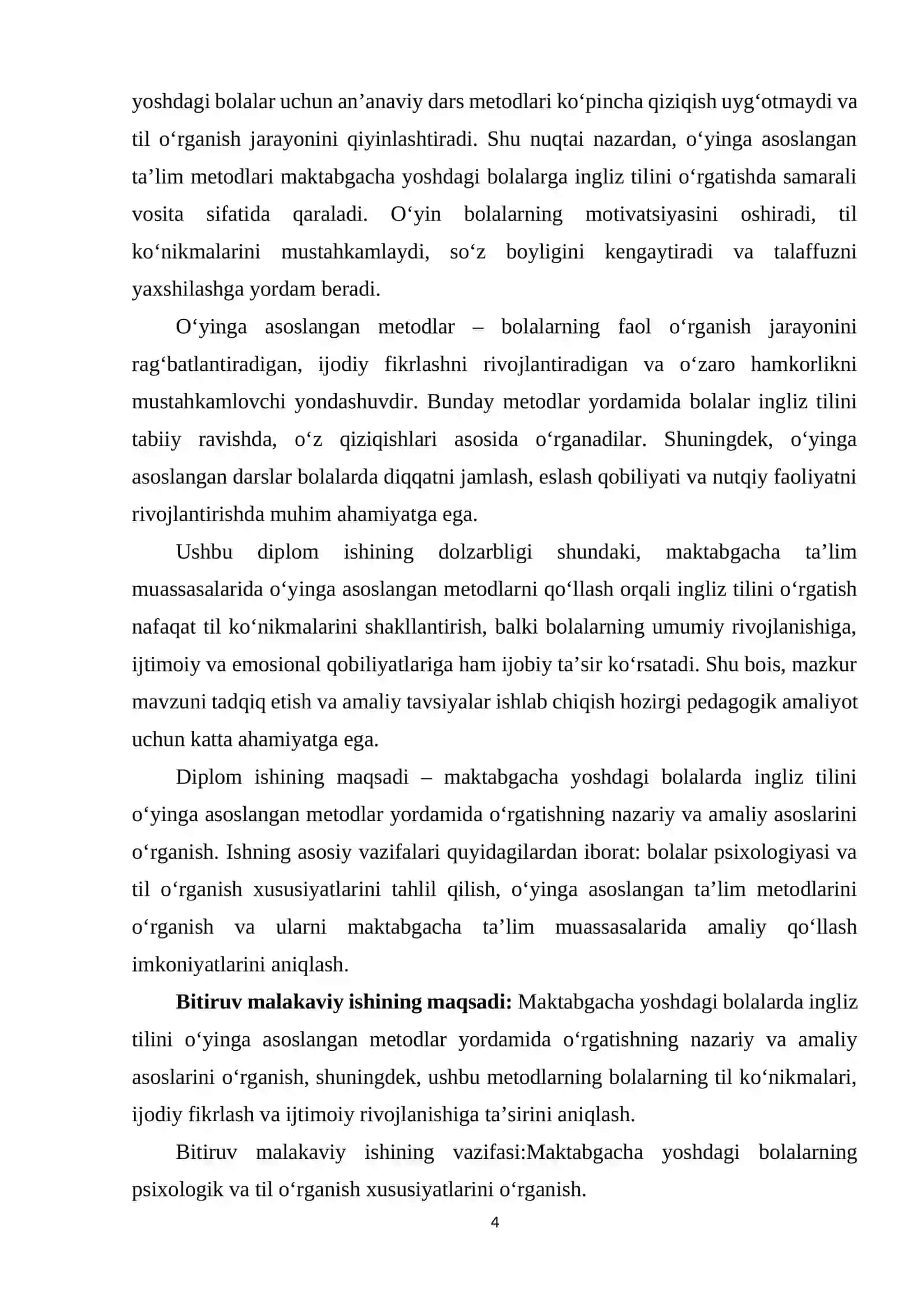 O‘YINGA ASOSLANGAN USULLARDAN FOYDALANGAN HOLDA MAKTABGACHA YOSHDAGI BOLALARGA INGLIZ TILINI O‘RGATISH 4