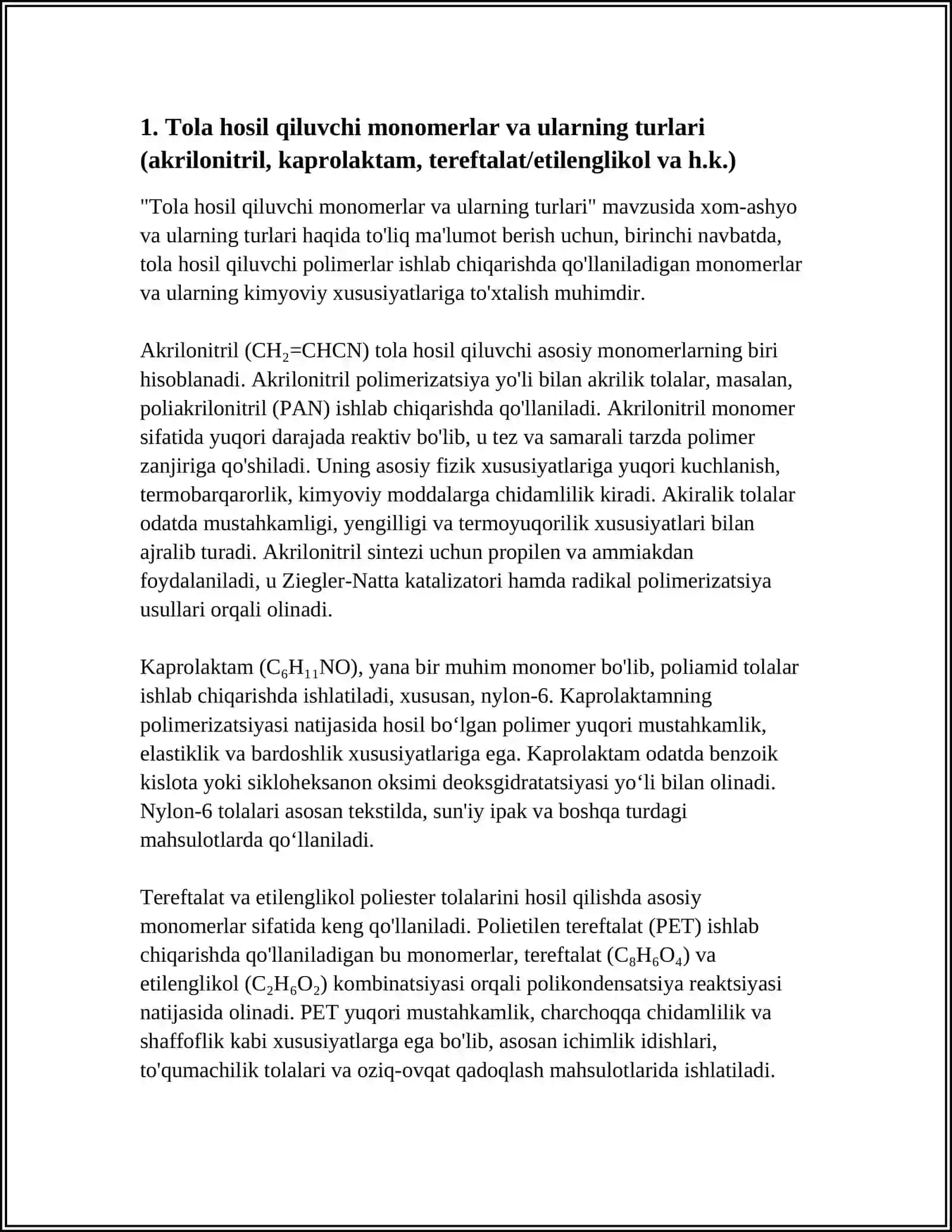 TOLA HOSIL QILUVCHI POLIMERLARNI ISHLAB CHIQARISHDA QOʻLLANILADIGAN XOM-ASHYO VA ULARNING TURLARI 4