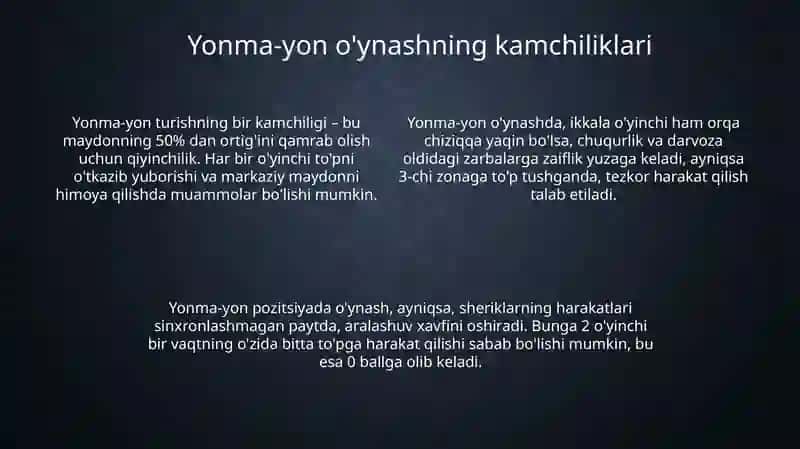 Juftlik o'yinda yonma yon o'ynash taktikasi 4