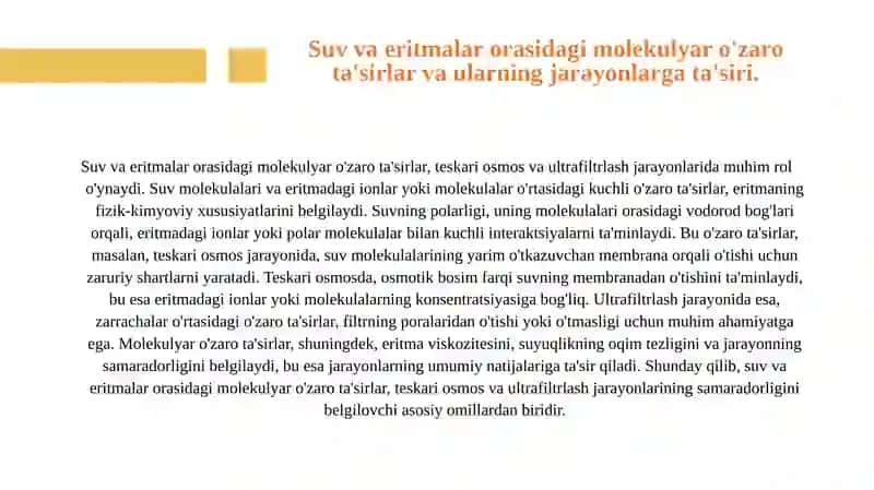 Teskari osmos va ultrafiltrlash jarayonlarining fizik-kimyoviy asoslari. 4