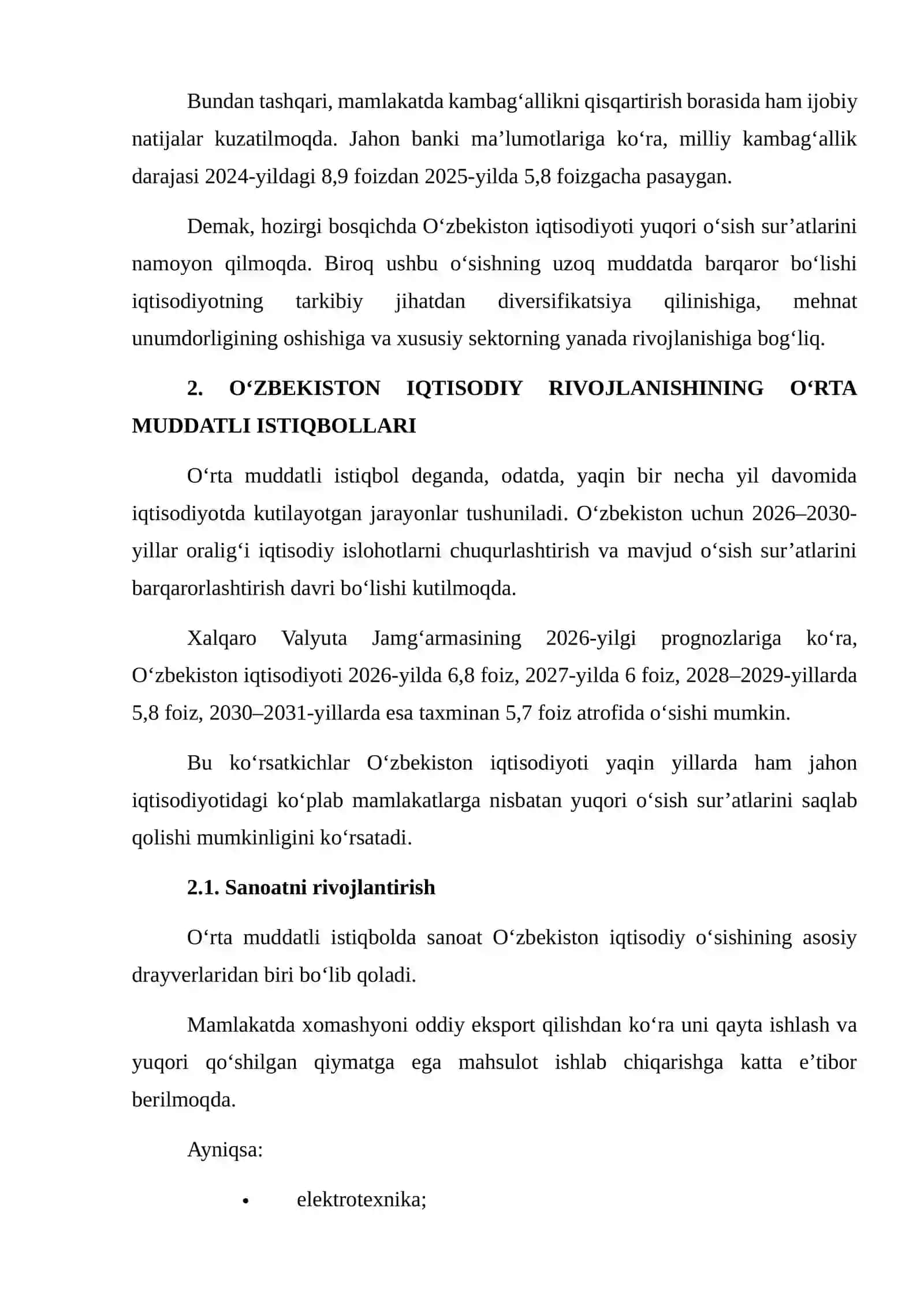 O‘ZBEKISTON IQTISODIY RIVOJLANISHINING O‘RTA VA UZOQ MUDDATLI ISTIQBOLLARI BO‘YICHA TAHLILIY MA’LUMOTNOMA 4