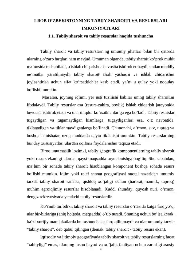 O’ZBEKISTONNING TABIIY RESURSLARI, ULARNING TARKIBI VA GEOGRAFIYASI 4