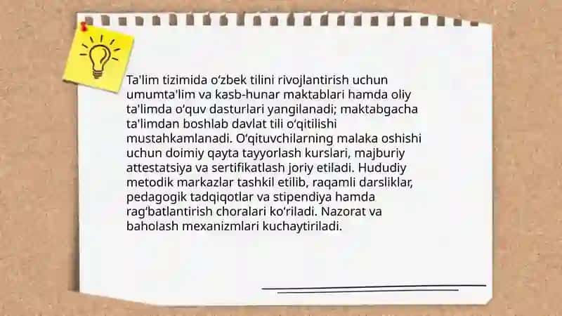 Ózbek tilining davlat tili sifatidagi nufuzi va mavqeini tubdan oshirish chora tadbirlari tóğrisida 4