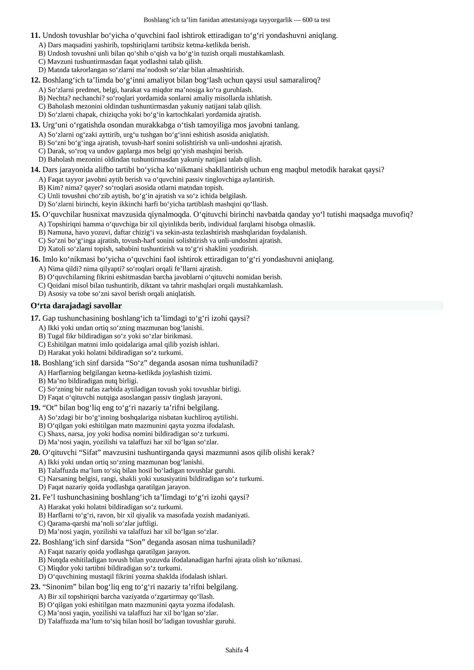 Boshlang‘ich ta’lim fanidan attestatsiyaga tayyorgarlik uchun 600 ta test 4
