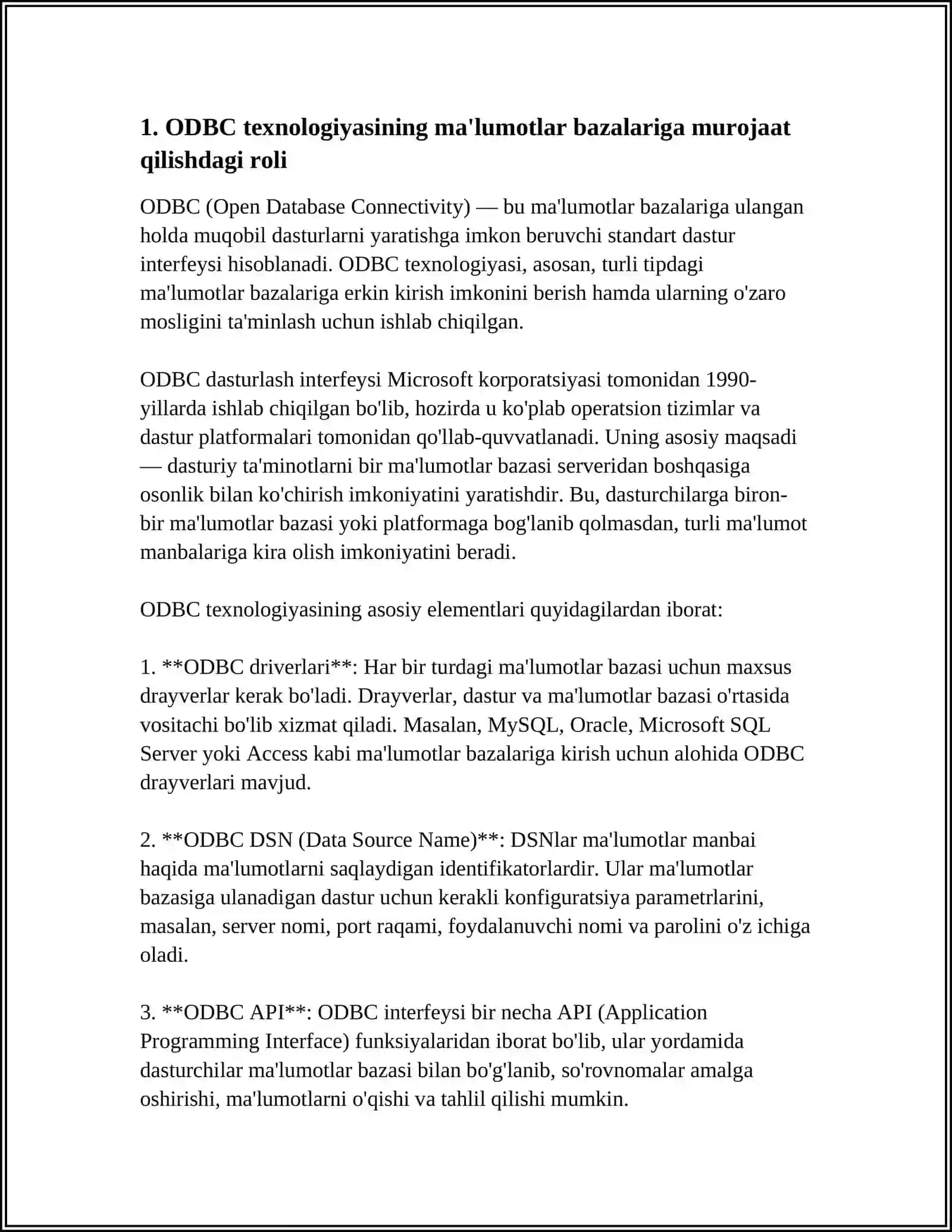MA‘LUMOTLAR BAZASIGA MUROJAATNI TASHKIL ETISHDA ODBC VA TURLI DASTURLARDAN FOYDALANISH. XML VA MA‘LUMOTLAR BAZASI 4