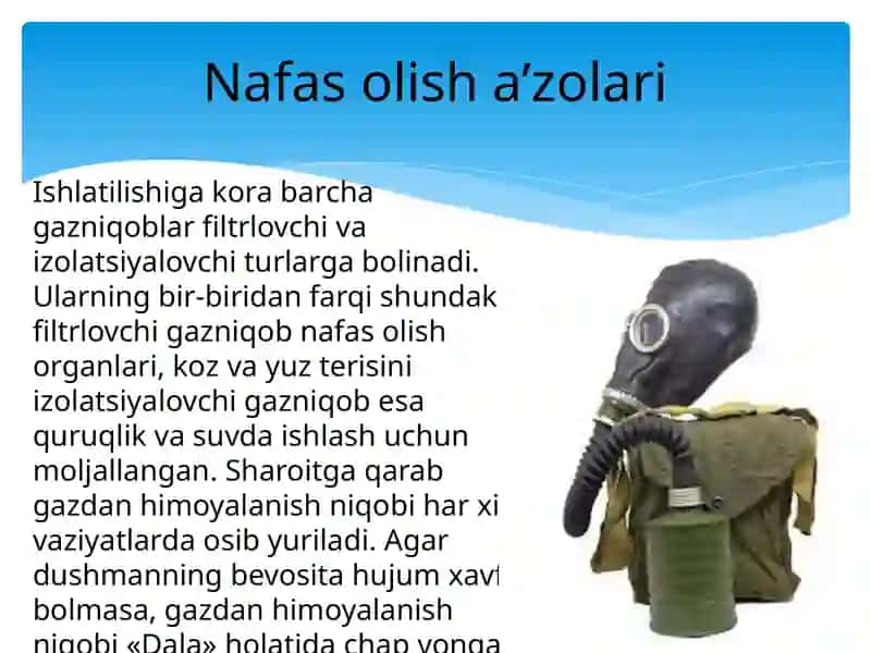 Chet el qurolli kuchlaridagi nafas olish azolarini va teri qatlamini himoya qilish uchun foydalaniladigan vositalar 4