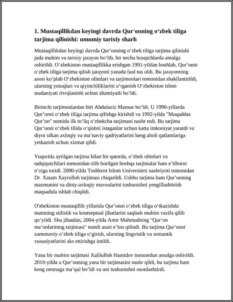 MUSTAQILLIK YILLARIDA QUR'ONNING O'ZBEK TILIGA TARJIMA QILINISHI VA TAFSIRLARI HAQIDA TAQDIMOT TAYYORLASH 4
