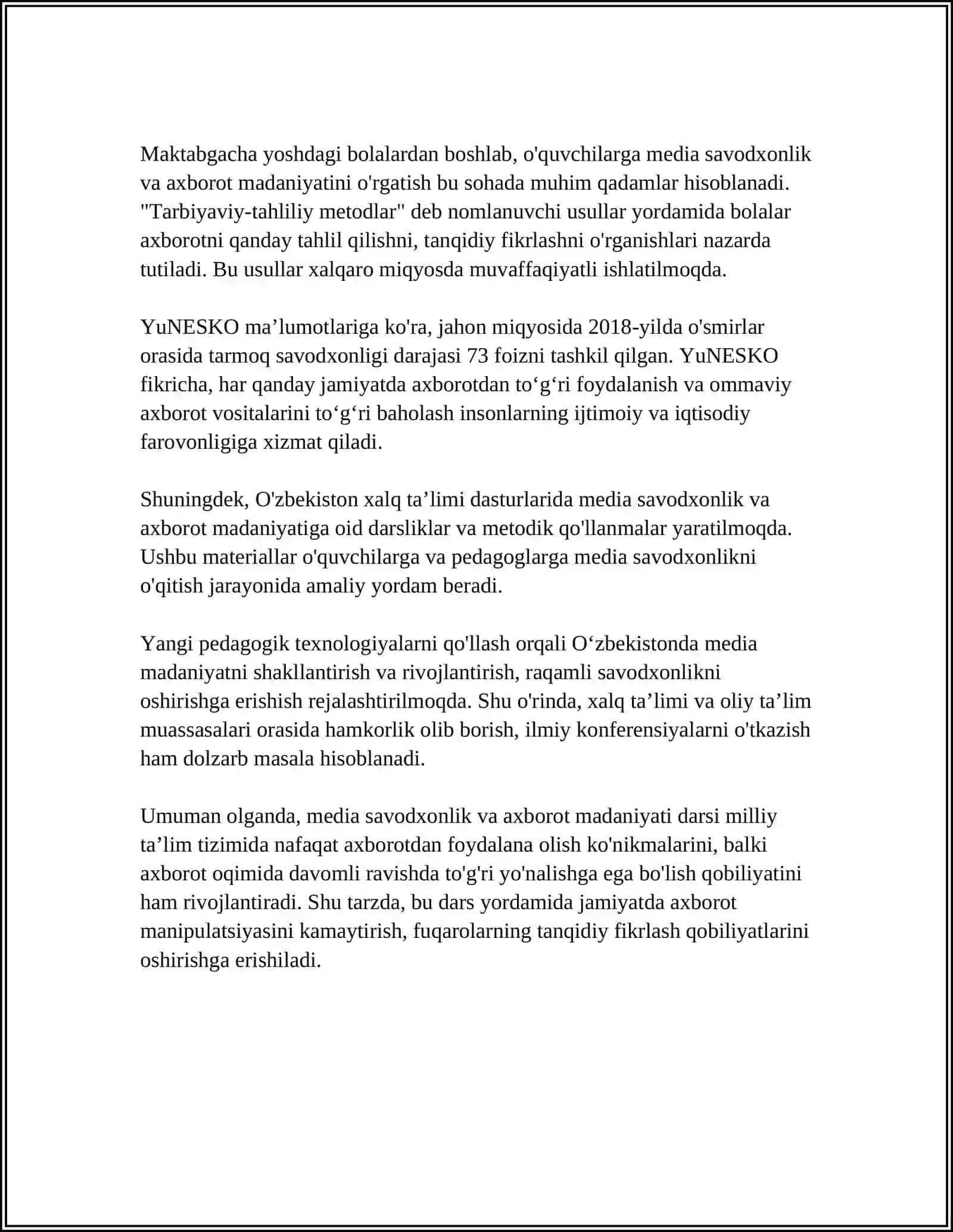 Yangi O'zbekistonda Media Savodxonlik va Axborot Madaniyati Fanining O'qitilishini Ahamiyati 4