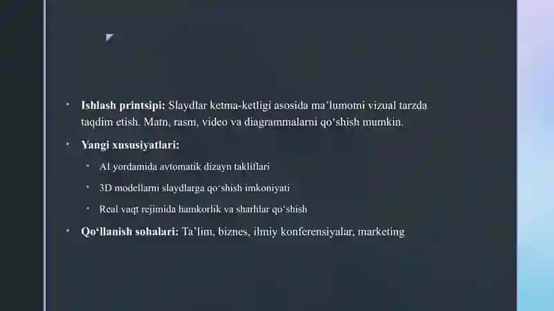 TAQDIMOT DASTURI( POWER POINT,PREZI,FOSUSKY,VA BOSHQALAR) 4